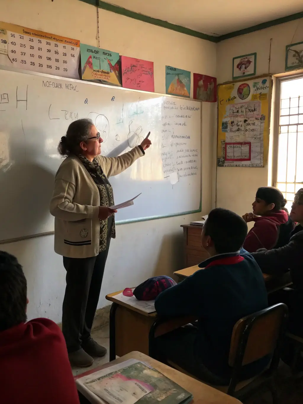 A data science instructor explaining a complex algorithm on a whiteboard, surrounded by engaged students in a lecture hall.