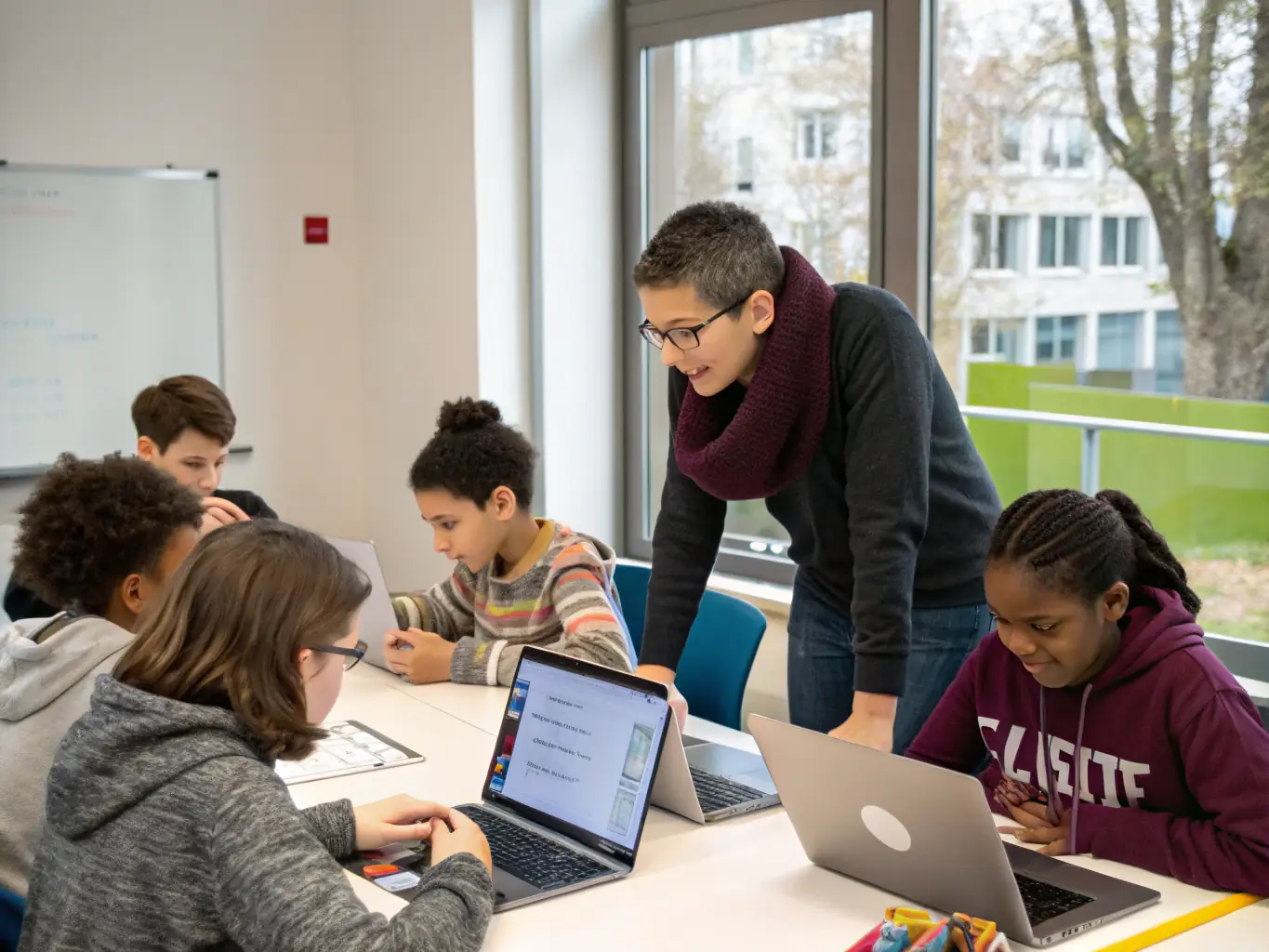 An instructor is explaining complex algorithms on a whiteboard to a class of attentive students, in a modern classroom, emphasizing the expert guidance and interactive learning environment.