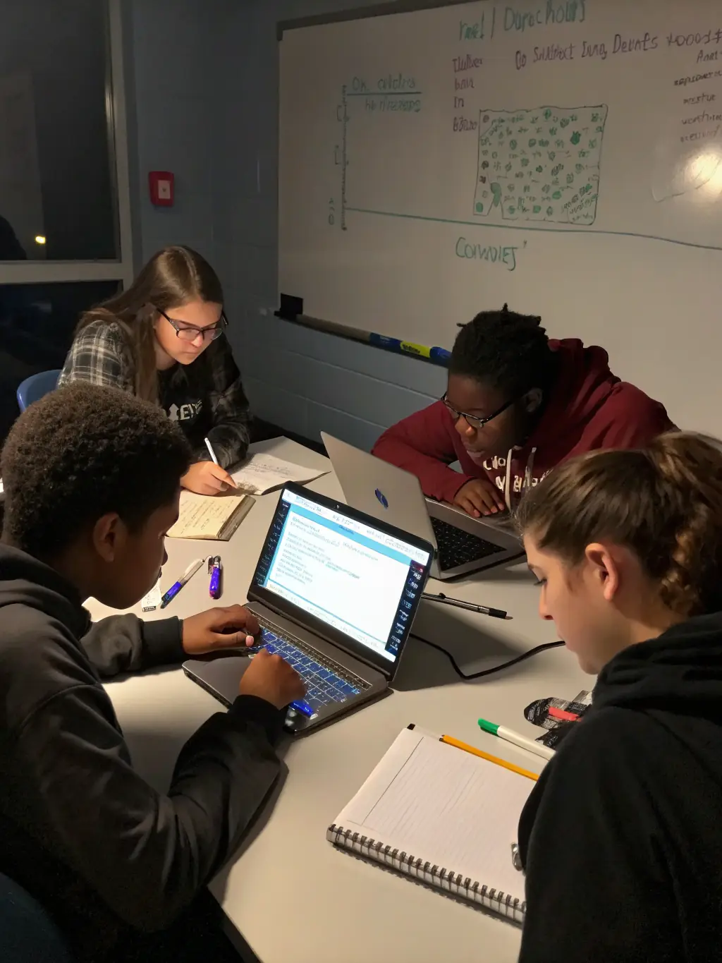 A diverse group of students collaborating on a coding project, showcasing teamwork and problem-solving skills in a modern classroom setting.