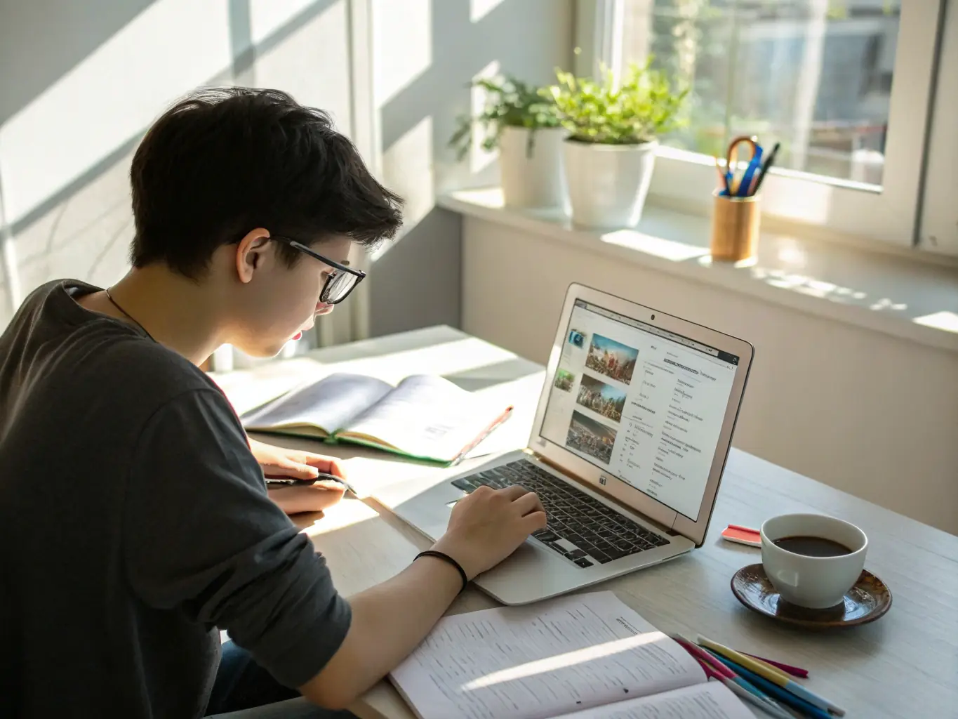 A focused student is coding at a modern desk, surrounded by multiple monitors displaying lines of code, in a brightly lit classroom setting, reflecting the intensity and dedication required for coding courses.